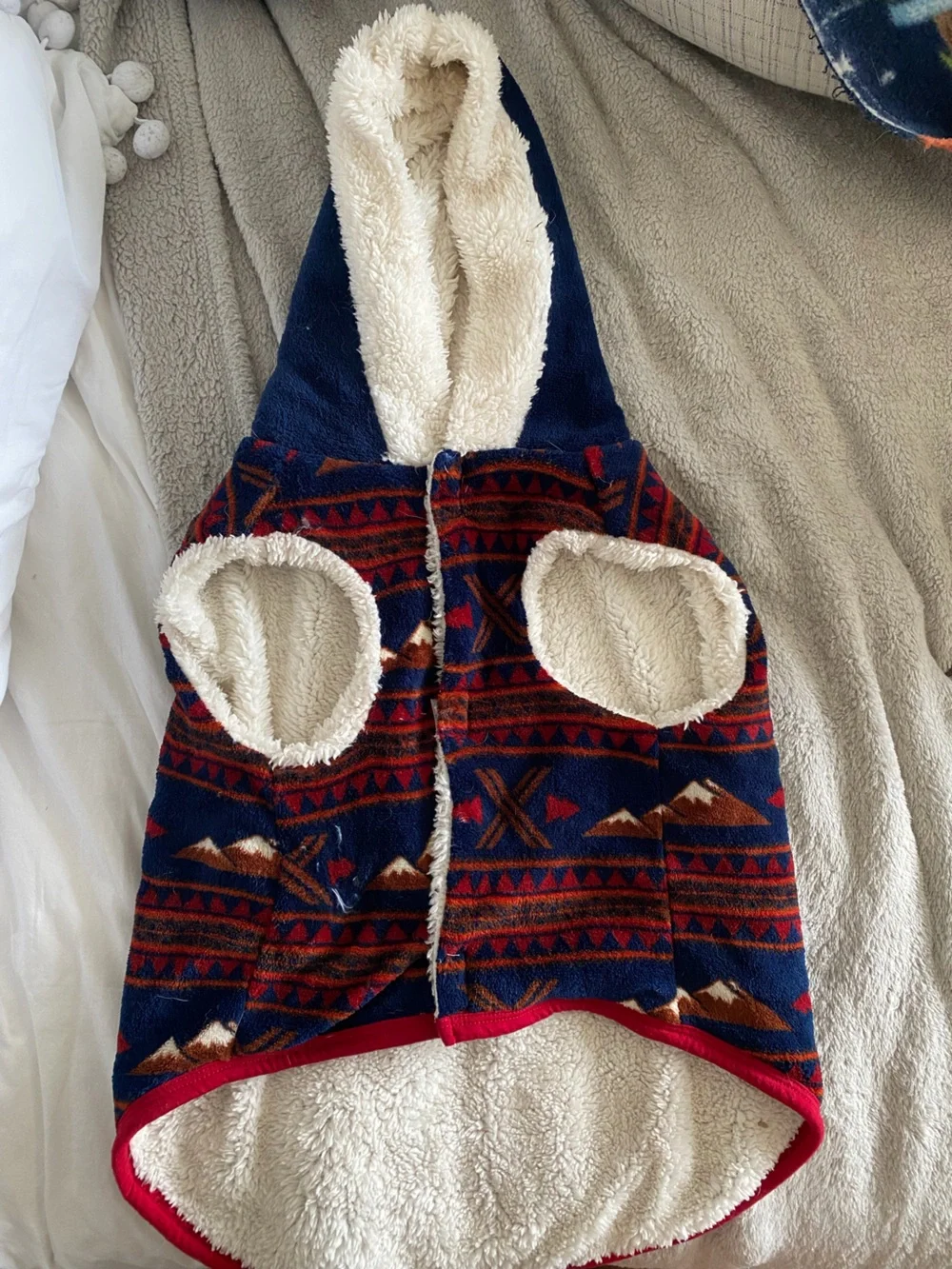 Vibrant Navy Dog Hoodie with Rust & Cream Mountain Pattern